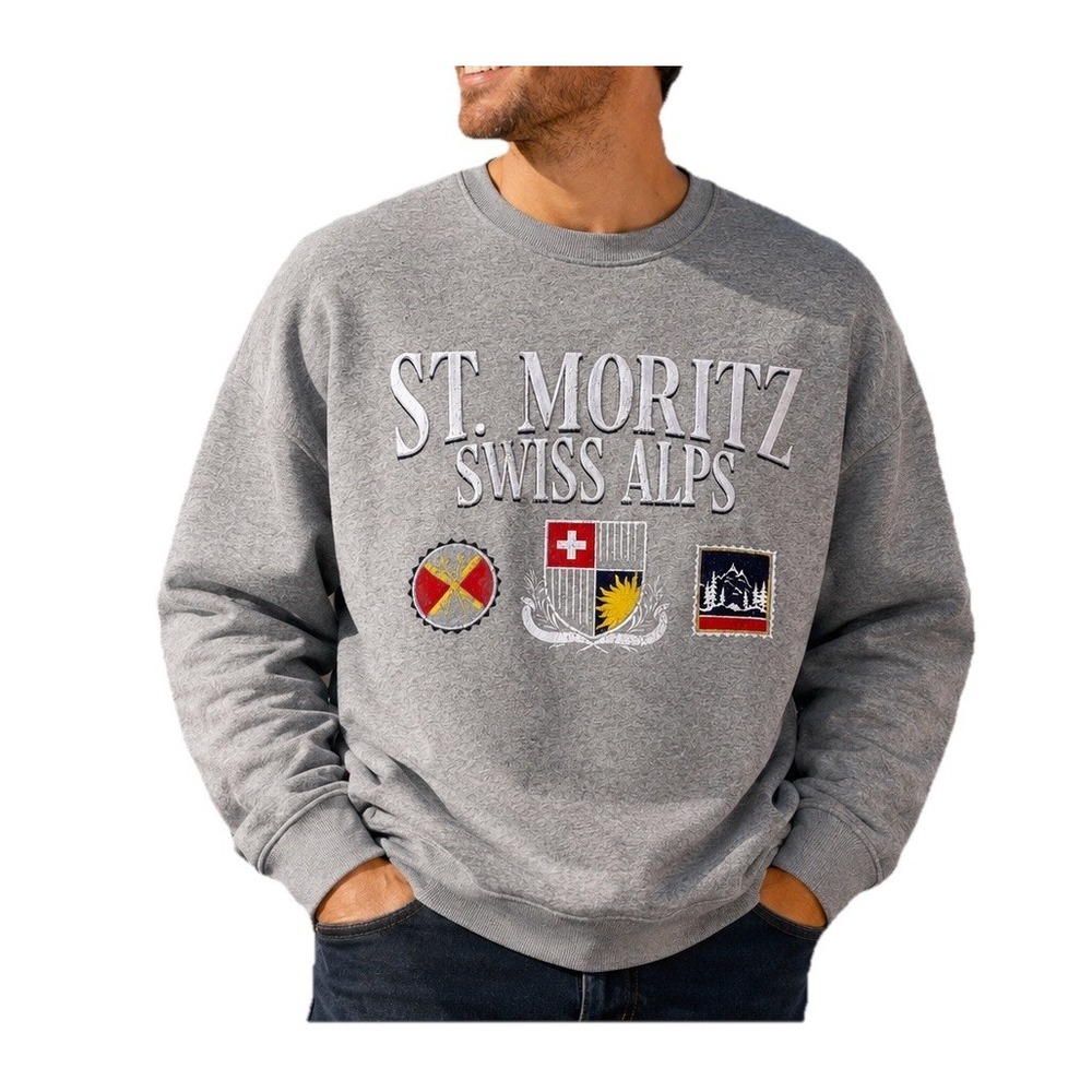 Mad Engine St. Moritz Swiss Alps Graphic Fleece Crewneck Sweatshirt XL NWT Gray